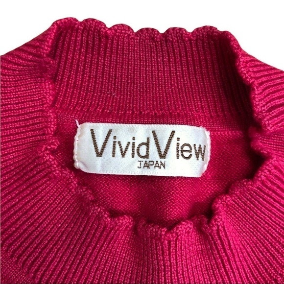 VINTAGE Japanese Teddy Bear Mock Neck Scalloped Hem Cranberry Red Sweater Size S - Picture 4 of 5